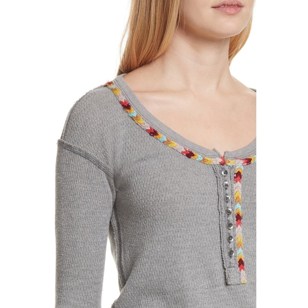 Gray Cotton Blend Rainbow Thermal Henley Top L - Picture 5 of 8